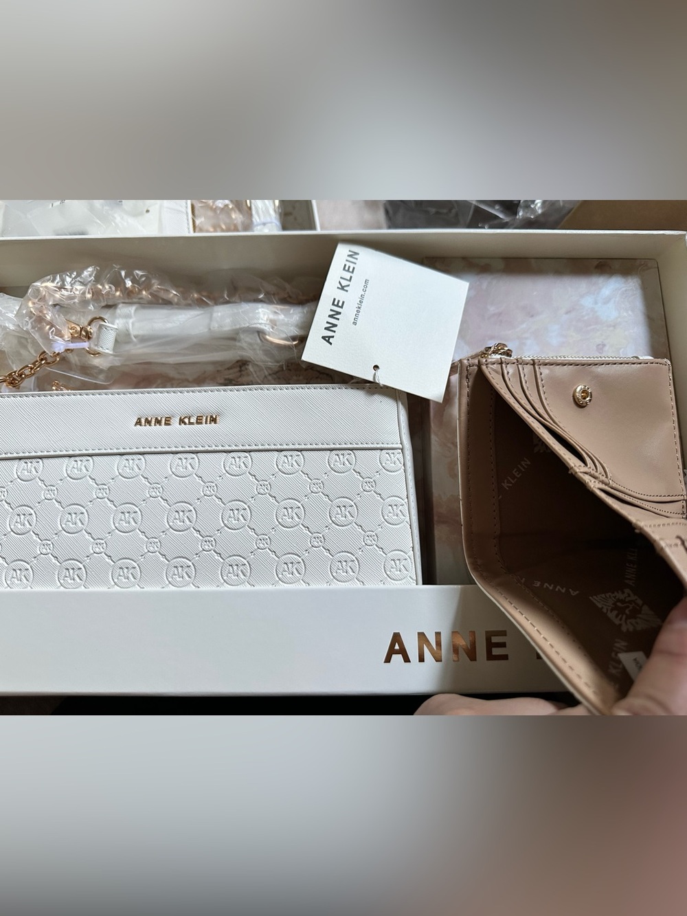 Anne Klein White Embossed Logo Compact Wallet with Gold-Tone Accents